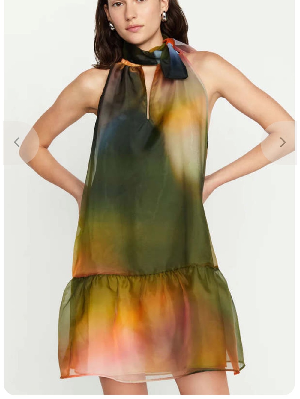 Marie Oliver Nikki Sheer Watercolor Halter Tie-Neck Dress in Olive Sunset Hues